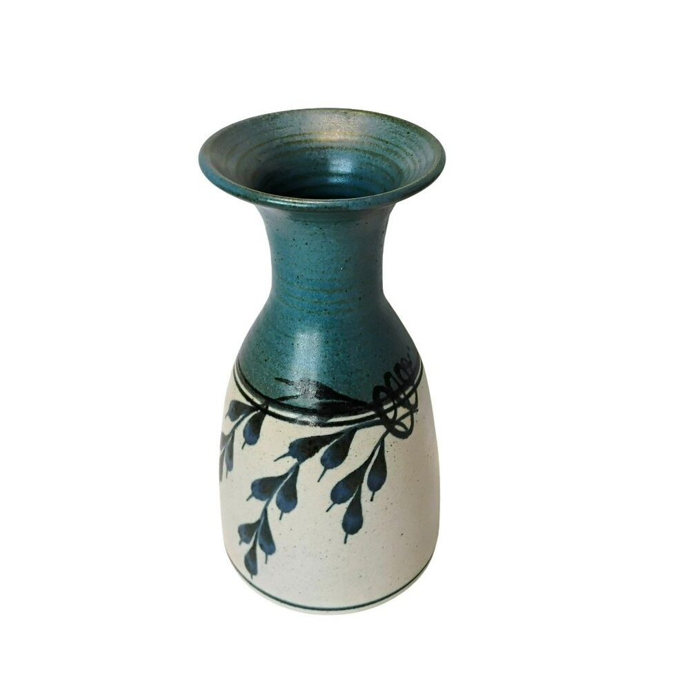 Emerson Creek Pottery Vase Blue White Floral, Vintage 9.5" Handmade Ceramic 1988